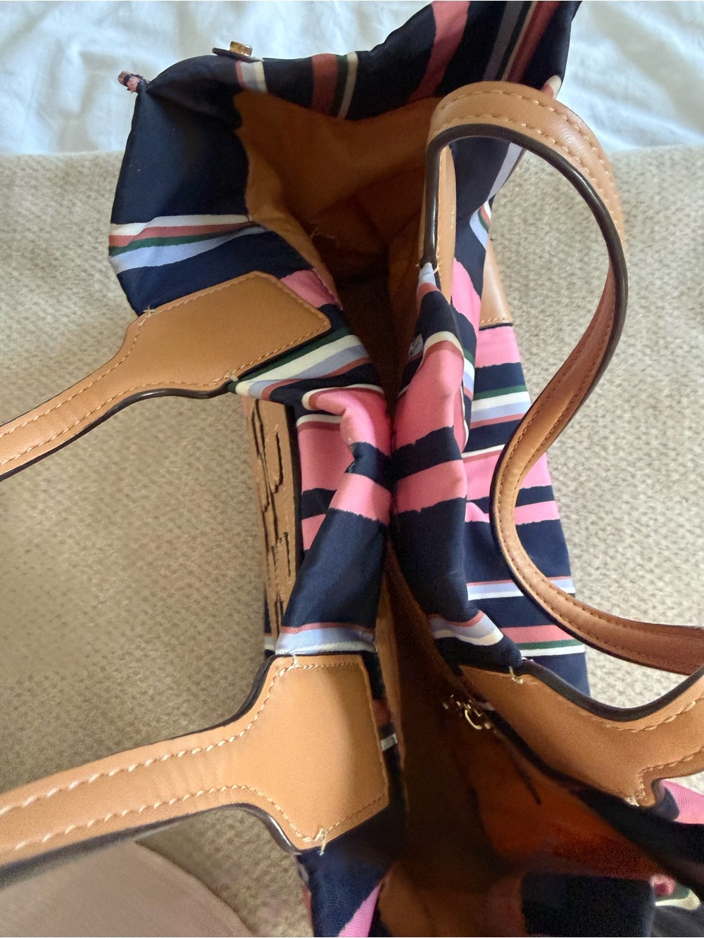 Tory Burch Ella tote featuring a vertical navy and pink canyon stripe. - Picture 5 of 8